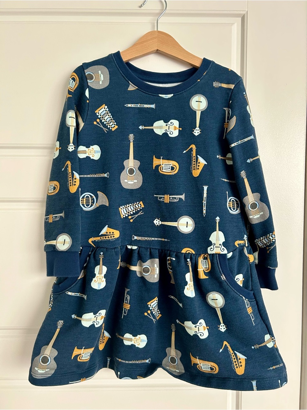 5T Piccolina kids 100% cotton Navy Blue Musical-Instrument sweatshirt Dress